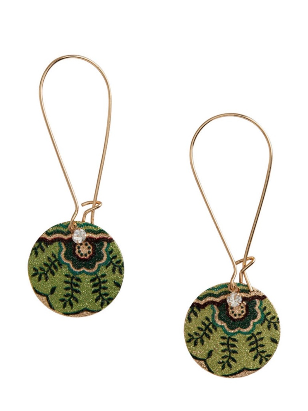 Gold Hoop Drop Earrings Green Floral Discs Green Shimmer Linear Drop Earrings
